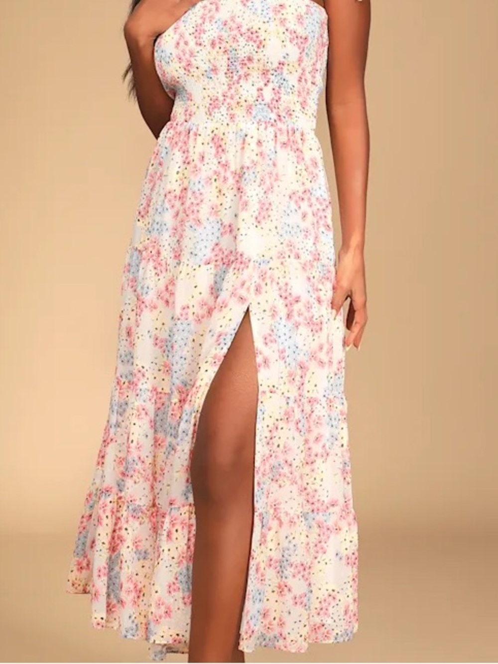 Lulus Just Dreamy Floral Print Smocked Strapless Tiered Midi Dress - Size Sm